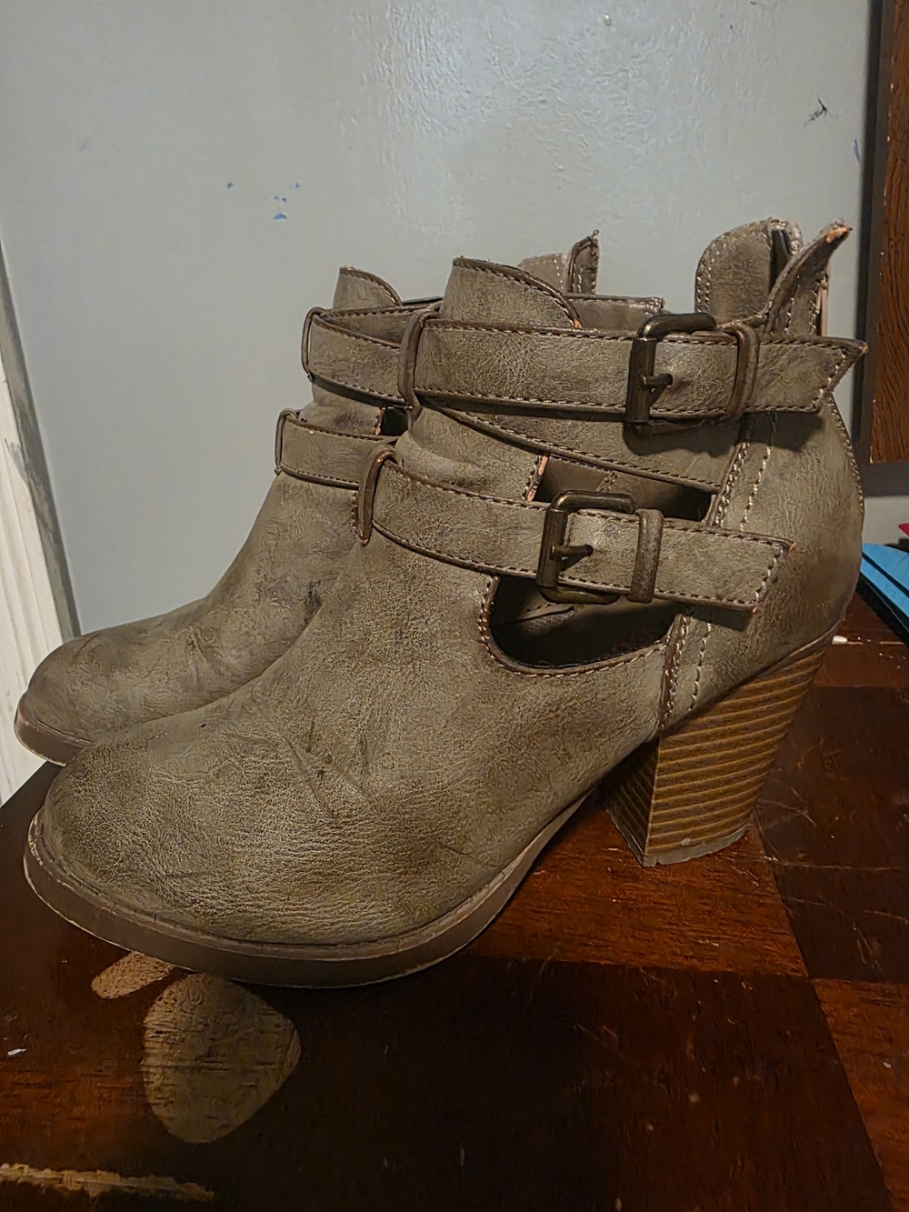 Women's Taupe Cutout Ankle Booties with Buckle Straps
